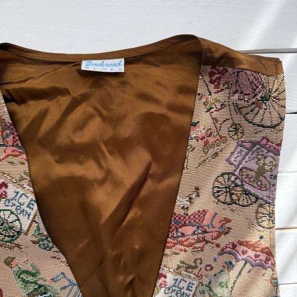 tapestry vest vtg Victorian ice cream cart novelty print‎ waistcoat size M - Picture 2 of 4